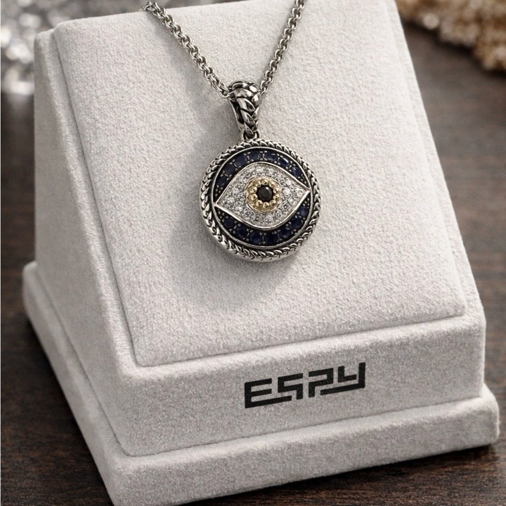 Effy Sterling Silver 925/18k Evil eye diamond black sapphire pendant Gift